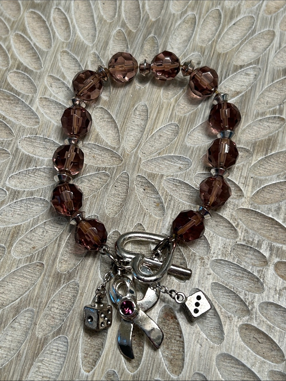 Purple Beaded Charm Bracelet with Ribbon and Dice Charms